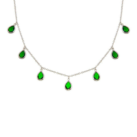 Sterling Silver Rhodium Plated Dangling Green CZ Teardrop Necklace