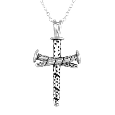 Sterling Silver Rhodium Plated Triple Nail Cross Pendant Necklace