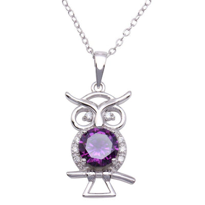 Sterling Silver Rhodium Plated Purple CZ Owl Necklace