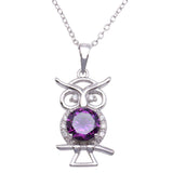 Sterling Silver Rhodium Plated Purple CZ Owl Necklace