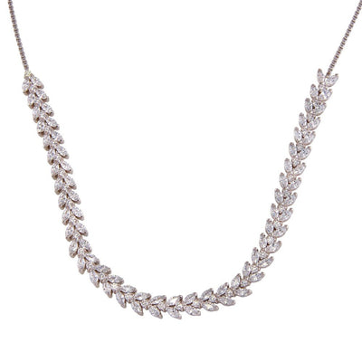Sterling Silver Rhodium Plated Adjustable Leaf Link CZ Necklace