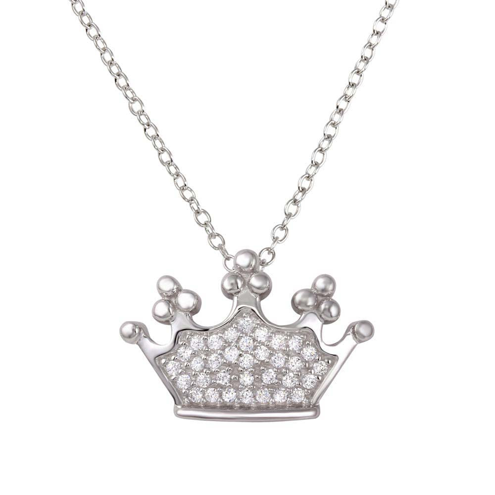 Sterling Silver Rhodium Plated Crown Pendant Necklace with CZ