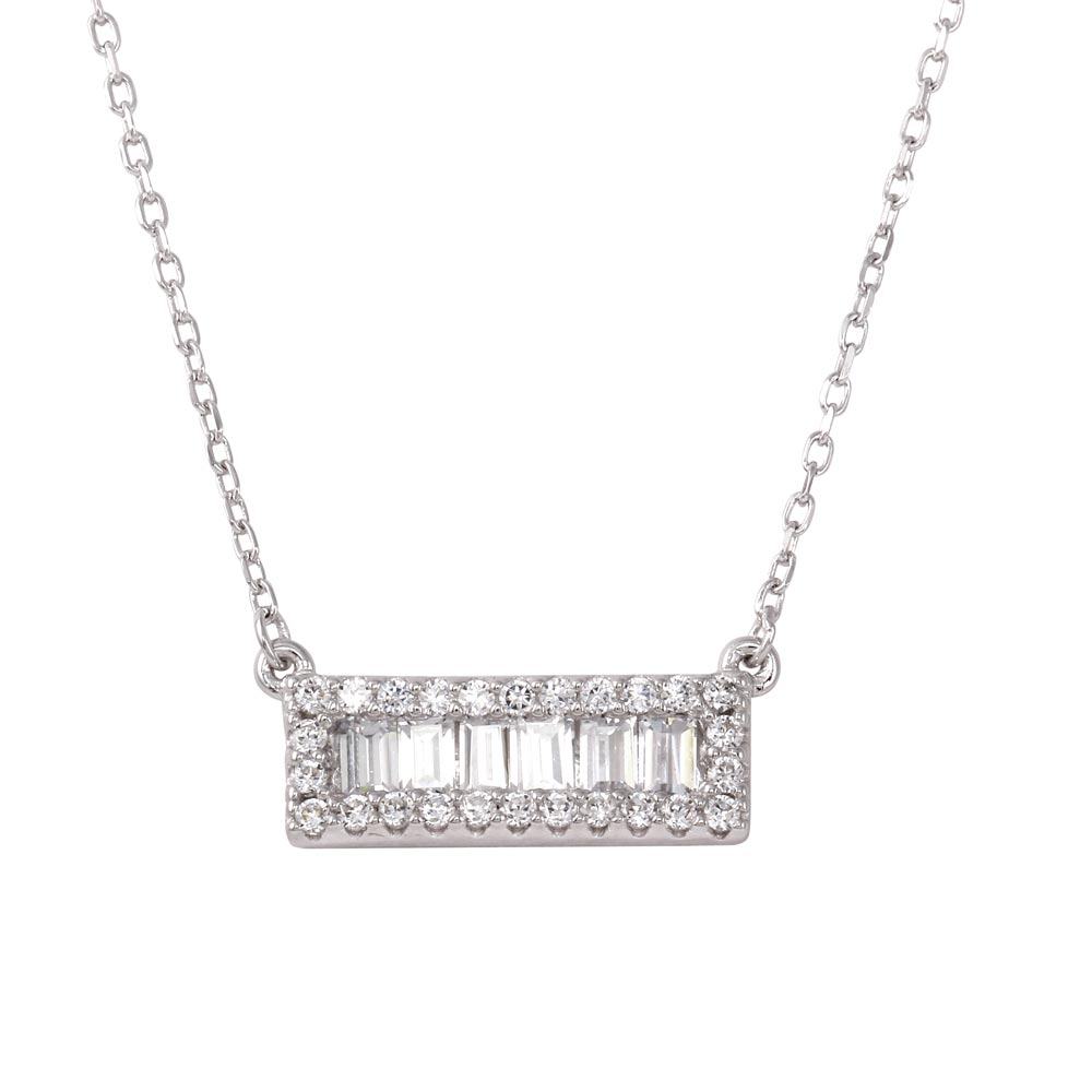 Sterling Silver Rhodium Plated Bar Pendant Necklace with .925 CZ