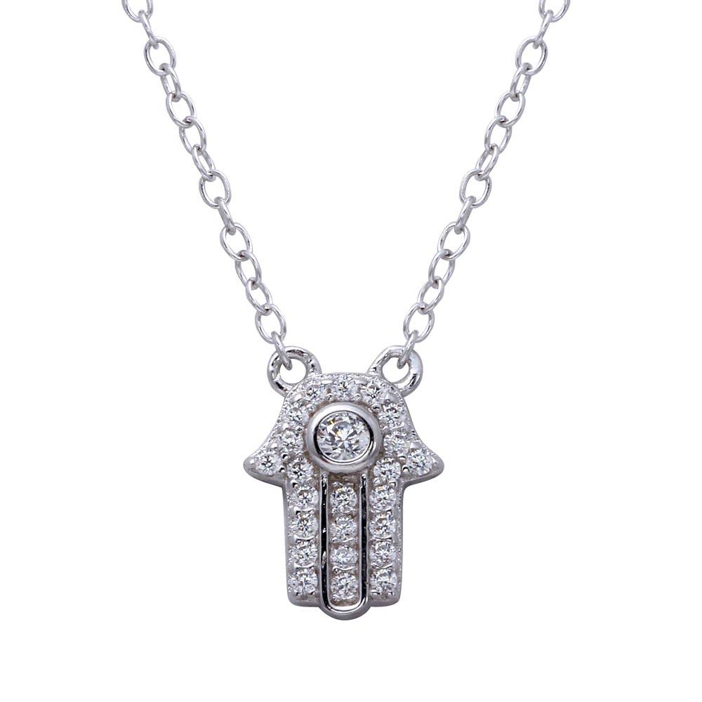 Sterling Silver Rhodium Plated Mini Hamsa Pendant Necklace with CZ