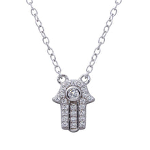 Load image into Gallery viewer, Sterling Silver Rhodium Plated Mini Hamsa Pendant Necklace with CZ