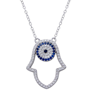Sterling Silver Rhodium Plated Hamsa Pendant Necklace with CZ