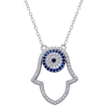 Sterling Silver Rhodium Plated Hamsa Pendant Necklace with CZ