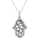 Sterling Silver Rhodium Plated Hamsa Hand CZ Border Necklace