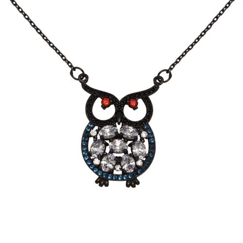 Sterling Silver Black Rhodium Plated Owl With Multi Colored CZ