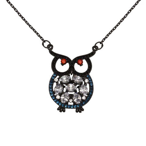 Sterling Silver Black Rhodium Plated Owl With Multi Colored CZ
