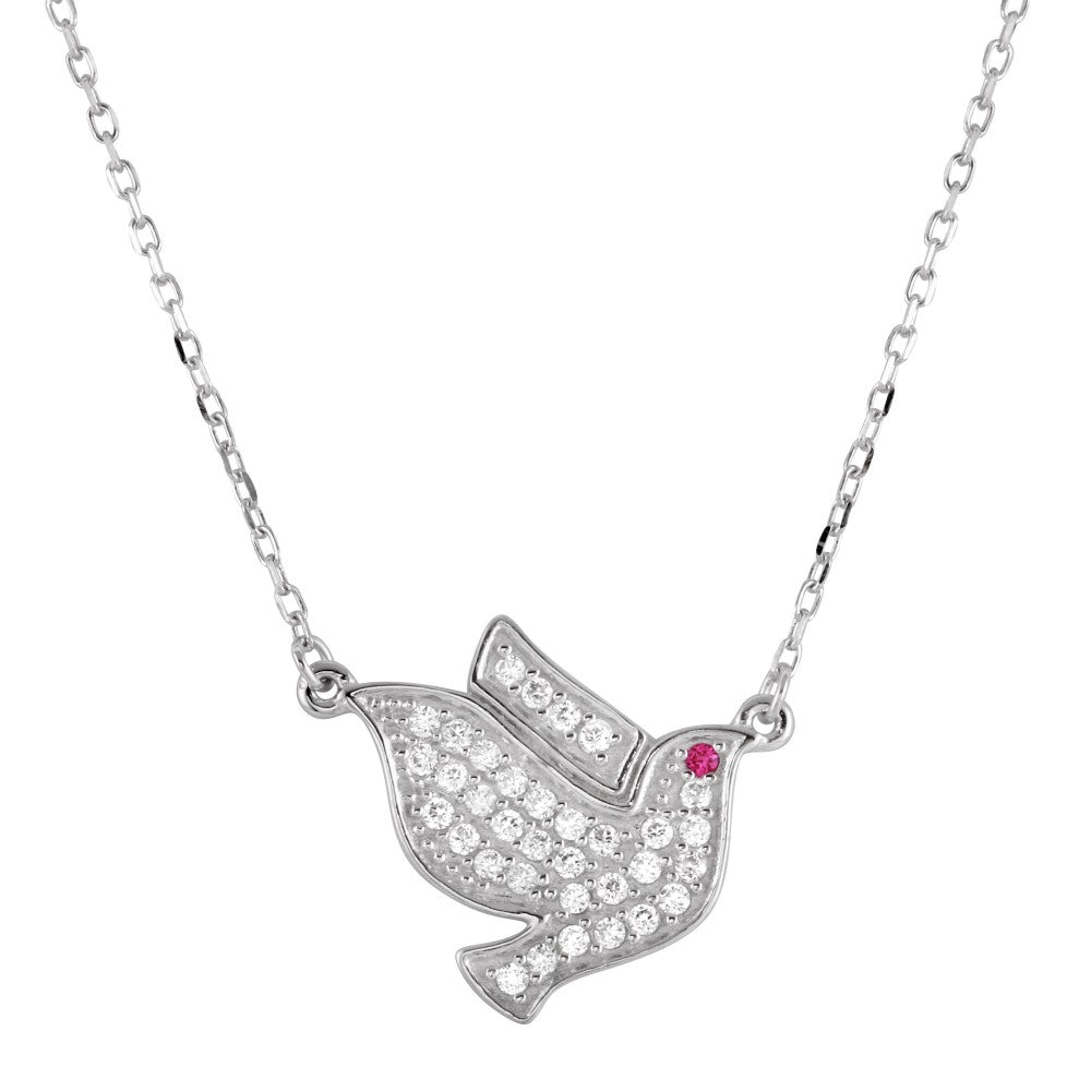 Sterling Silver Rhodium Plated Dove Pedant Necklace with CZ