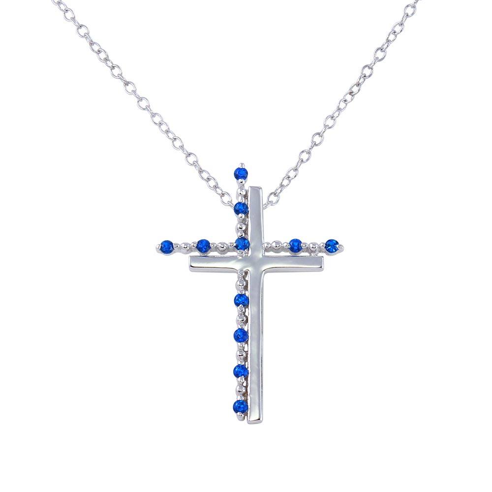 Sterling Silver Rhodium Plated Double Cross Pendant with Blue CZ Chain