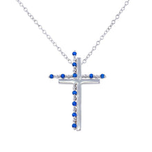 Load image into Gallery viewer, Sterling Silver Rhodium Plated Double Cross Pendant with Blue CZ Chain