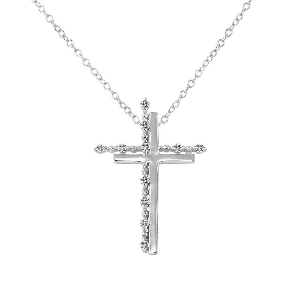 Sterling Silver Rhodium Plated Double Cross Pendant with Clear CZ