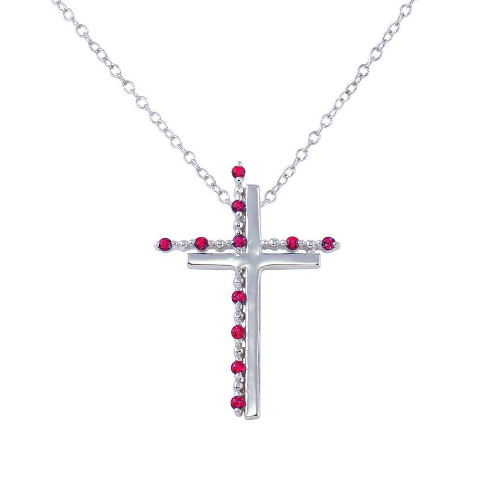 Sterling Silver Rhodium Plated Double Cross Pendant with Red CZ