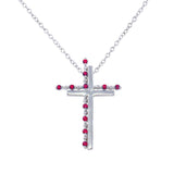 Sterling Silver Rhodium Plated Double Cross Pendant with Red CZ