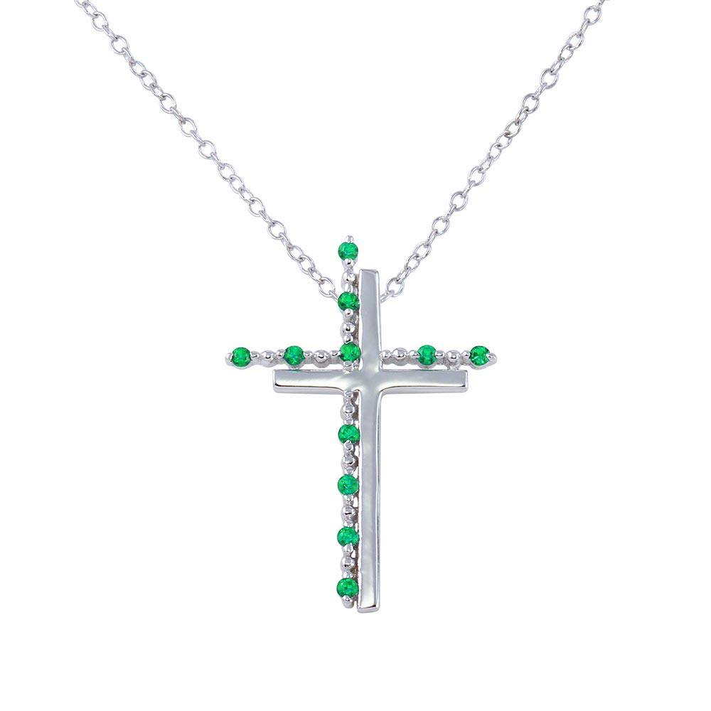 Sterling Silver Rhodium Plated Double Cross Pendant with Green CZ