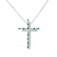 Load image into Gallery viewer, Sterling Silver Rhodium Plated Double Cross Pendant with Green CZ