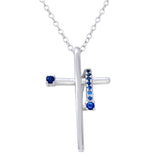 Sterling Silver Rhodium Plated Blue CZ Designed Cross Necklace