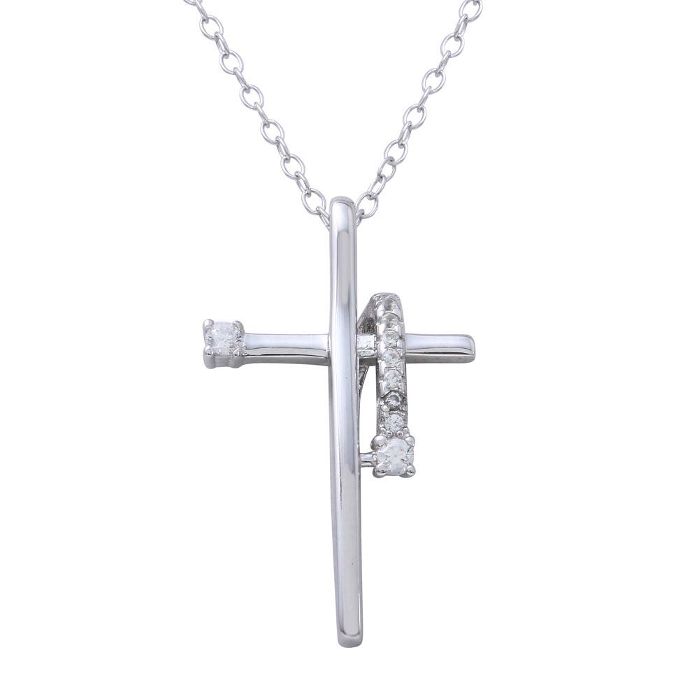 Sterling Silver Rhodium Plated Clear CZ Designed Cross Necklace