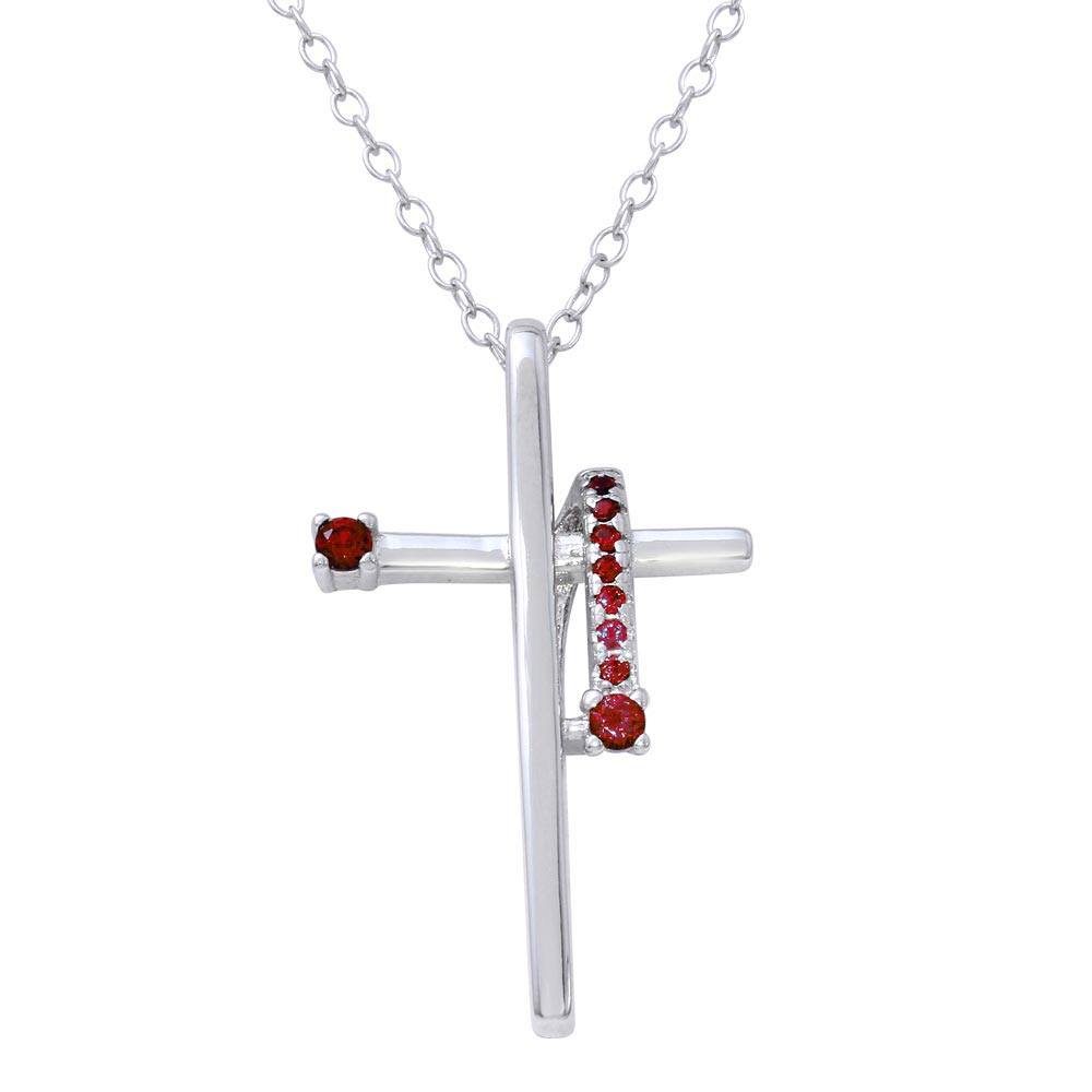 Sterling Silver Rhodium Plated Red CZ��������� Designed Cross Necklace
