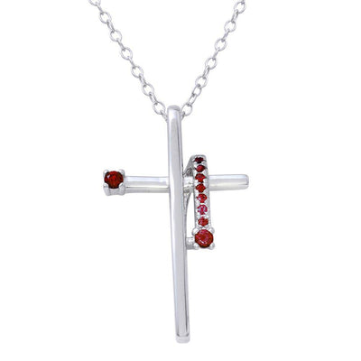 Sterling Silver Rhodium Plated Red CZ Designed Cross Necklace
