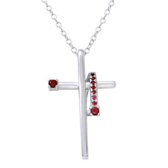 Sterling Silver Rhodium Plated Red CZ Designed Cross Necklace