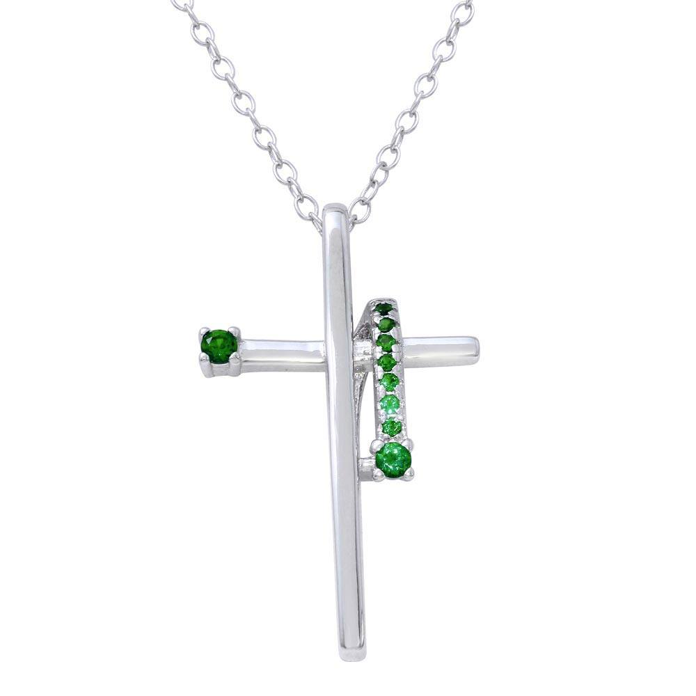 Sterling Silver Rhodium Plated Green CZ Designed Cross Necklace