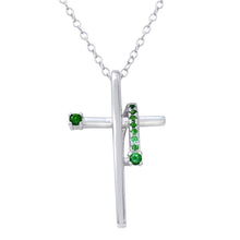Load image into Gallery viewer, Sterling Silver Rhodium Plated Green CZ Designed Cross Necklace
