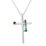 Sterling Silver Rhodium Plated Green CZ Designed Cross Necklace