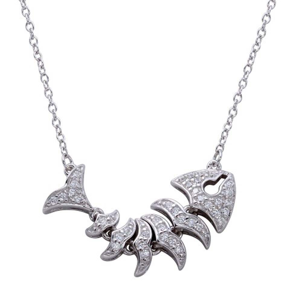 Sterling Silver Rhodum Plated Fish Skeleton Pendant Necklace