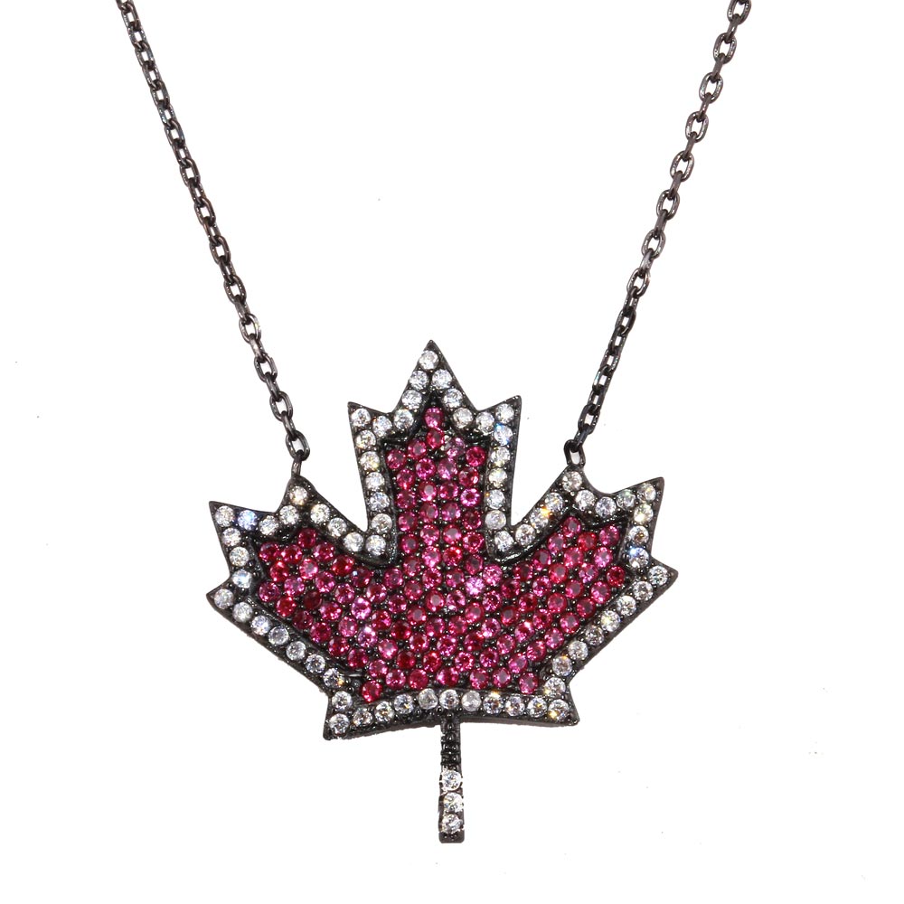 Sterling Silver Black Rhodium Plated Maple Leaf Pendant Necklace with CZ