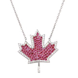 Sterling Silver Rhodium Plated Maple Leaf Pendant Necklace With Pink CZ