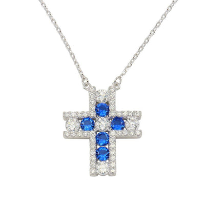 Sterling Silver 925 Rhodium Plated Cross Pendant Necklace with Clear and Blue Necklace