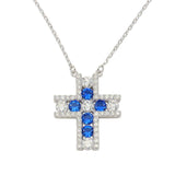 Sterling Silver 925 Rhodium Plated Cross Pendant Necklace with Clear and Blue Necklace