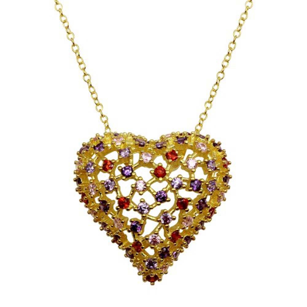 Sterling Silver Gold Plated Heart Pendant With Multi Colored CZ