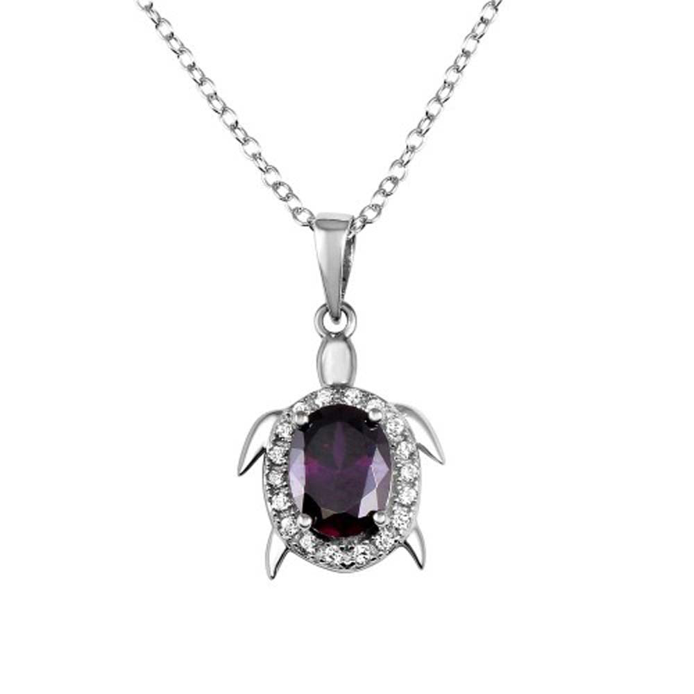 Sterling Silver Turtle Pendant Necklace With Purple CZ