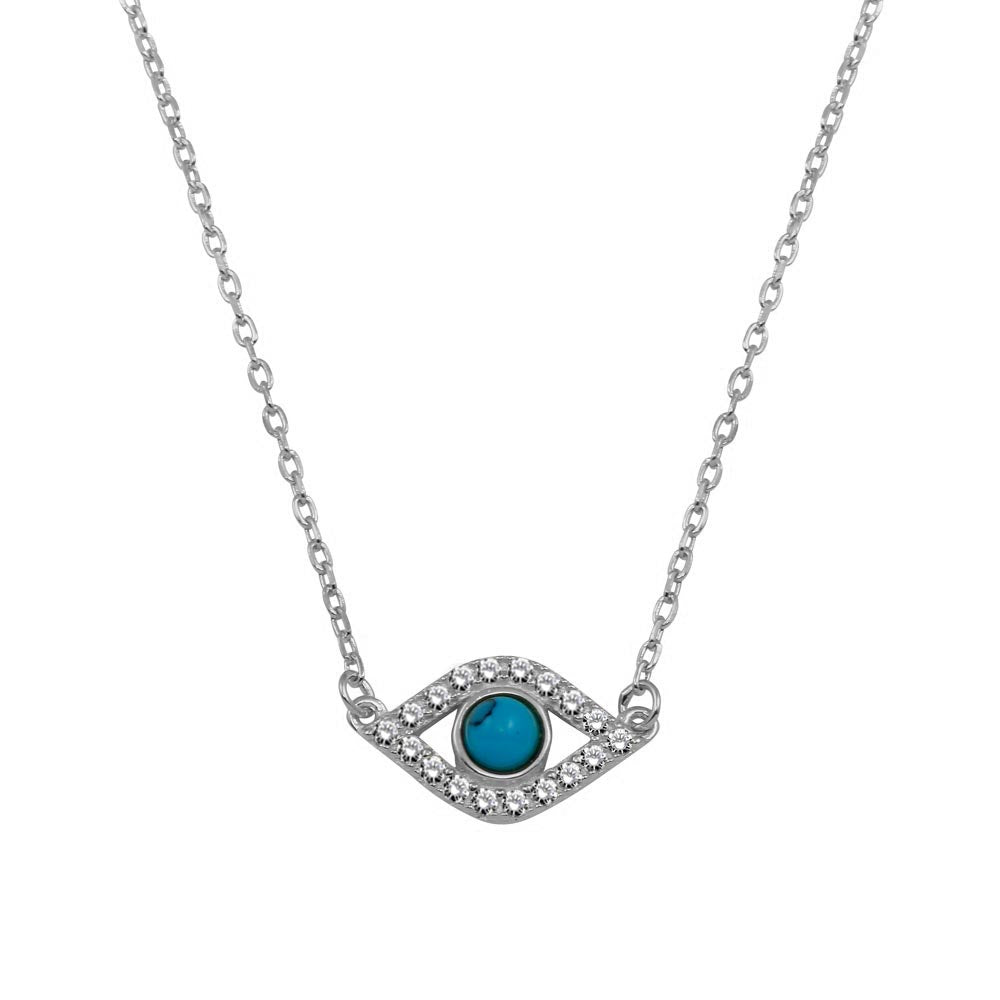 Sterling Silver Rhodium Plated Evil Eye Necklace, Length 15" plus 2" Extension