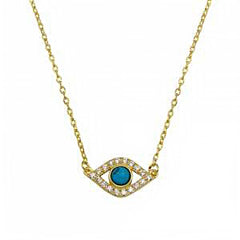 Sterling Silver Gold Plated Evil Eye with CZ Necklace, Chain 15