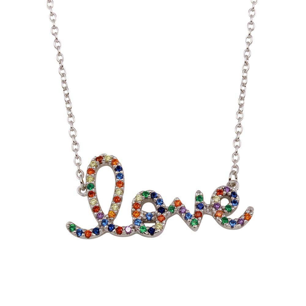 Sterling Silver Rhodium Plated "Love" Word With Rainbow CZ Necklace