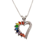 Sterling Silver Rhodium Plated Open Heart With Rainbow CZ Pendant Necklace