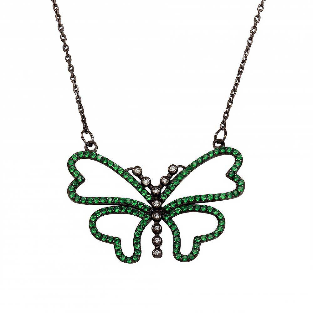 Sterling Silver Black Rhodium Plated Green CZ Butterfly Pendant Necklace