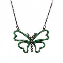 Load image into Gallery viewer, Sterling Silver Black Rhodium Plated Green CZ Butterfly Pendant Necklace