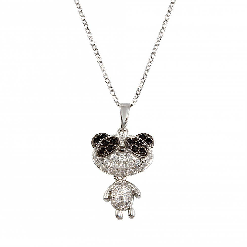 Sterling Silver Rhodium Plated Panda With CZ Pendant Necklace