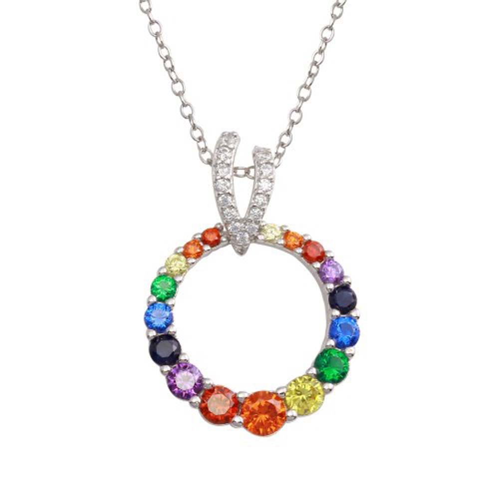 Sterling Silver Rhodium Plated Open Round Rainbow CZ Pendant Necklace