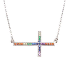 Load image into Gallery viewer, Sterling Silver Rhodium Plated Sideways Cross Pendant with Multi-Colored CZ