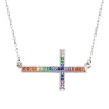 Sterling Silver Rhodium Plated Sideways Cross Pendant with Multi-Colored CZ