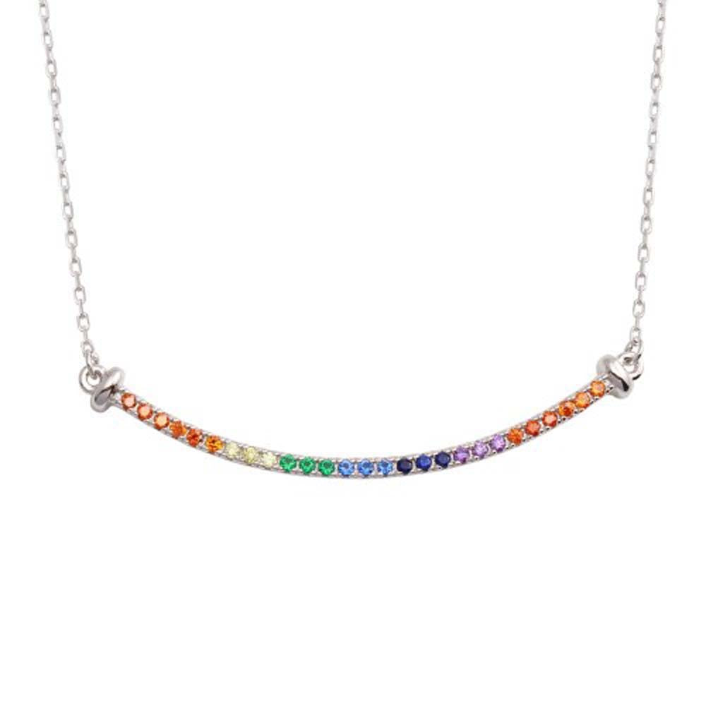 Sterling Silver Rhodium Plated Curve Pendant Necklace with Rainbow CZ