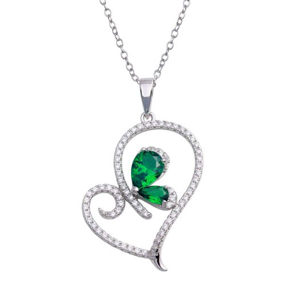 Sterling Silver Rhodium Plated Heart Pendant Necklace with Green CZ