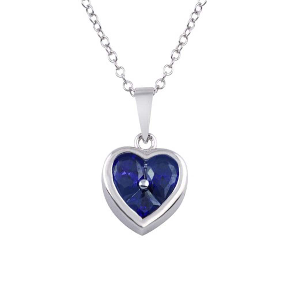 Sterling Silver Rhodium Plated Heart Blue CZ Necklace